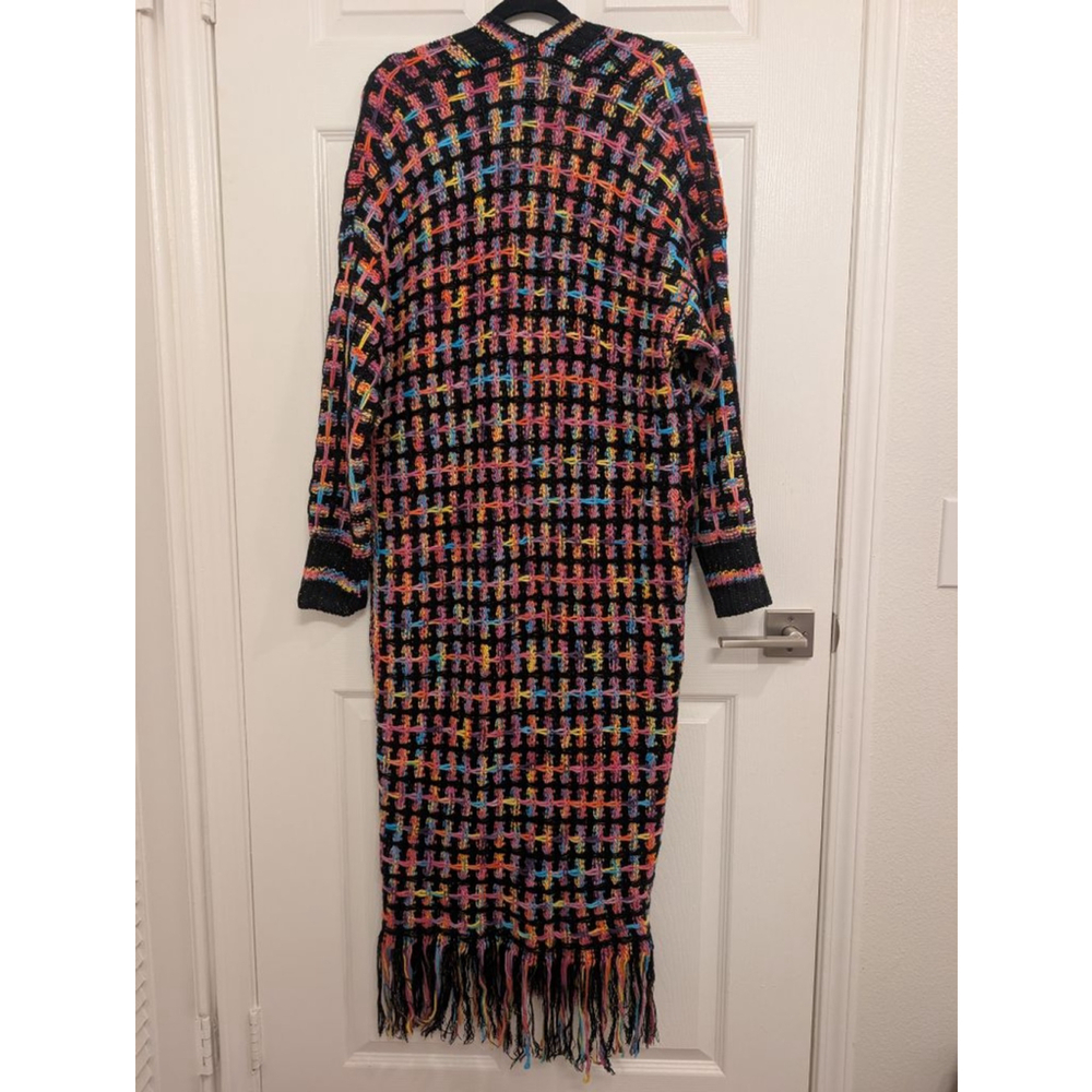 Colorful Woven Duster Coat - Open Front Longline Fringe Sweater XL Festival - Picture 6 of 10